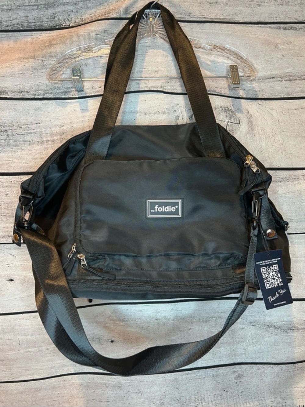 Foldie Original Black Travel Duffel Tote Bag Multiple Carry Options Expandable
